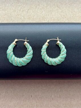 Ross-Simons Emerald Green Twisted Hoop Earrings with Gold Trim